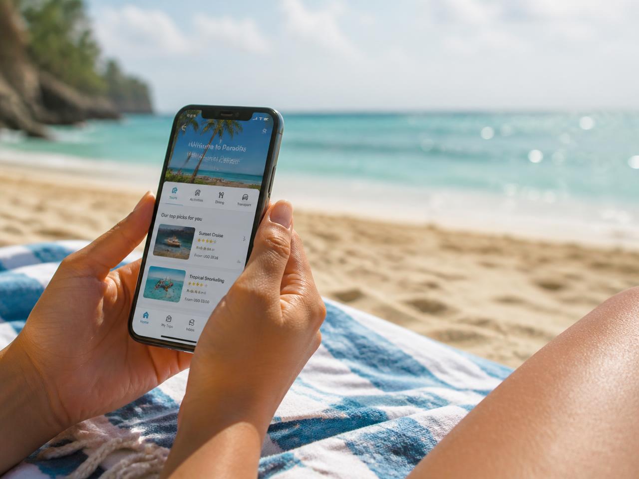 Illustration of booking a doctor visit on a phone at the beach