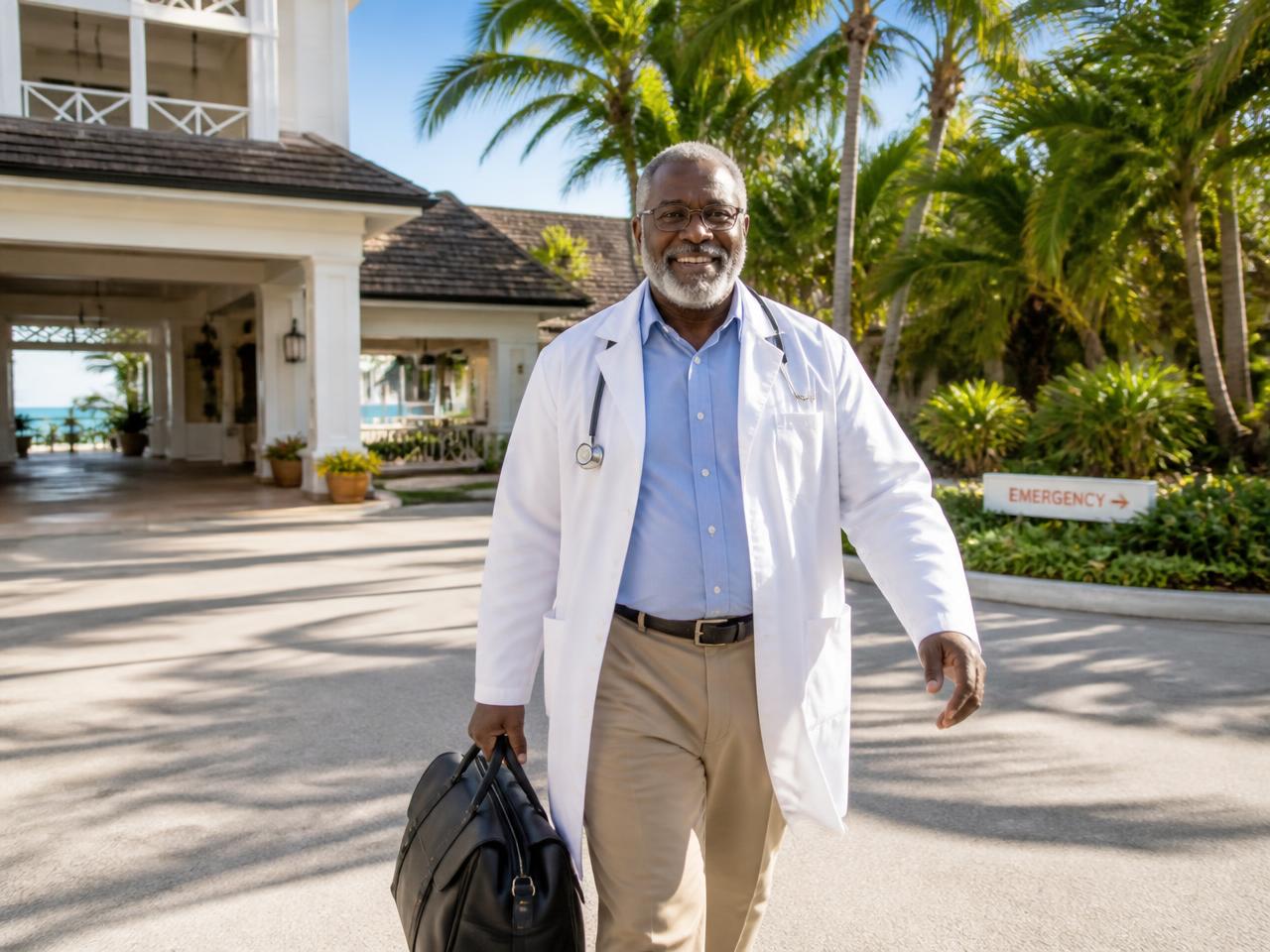 Illustration of a doctor arriving at a Caribbean resort